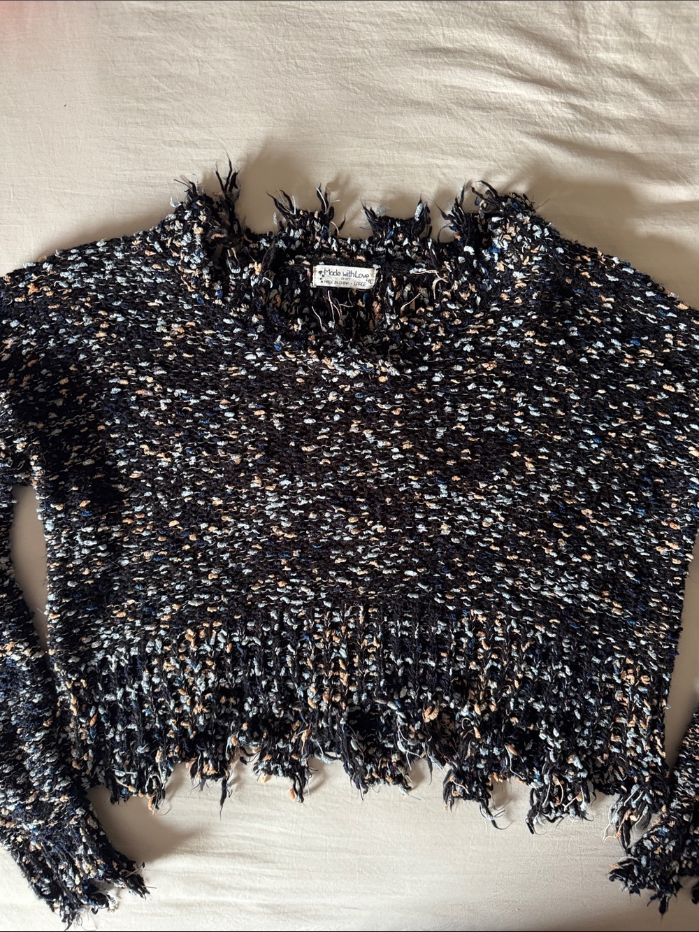 Made With Love Black Multi Fringed Tweed Crop Pullover